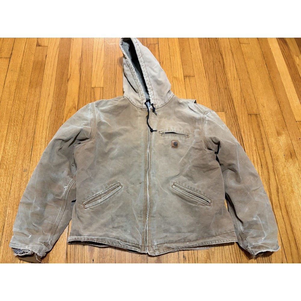 Carhartt Jacket  Y2K Thrashed Brown XL Fleece Lined Hooded Distressed Work Wear